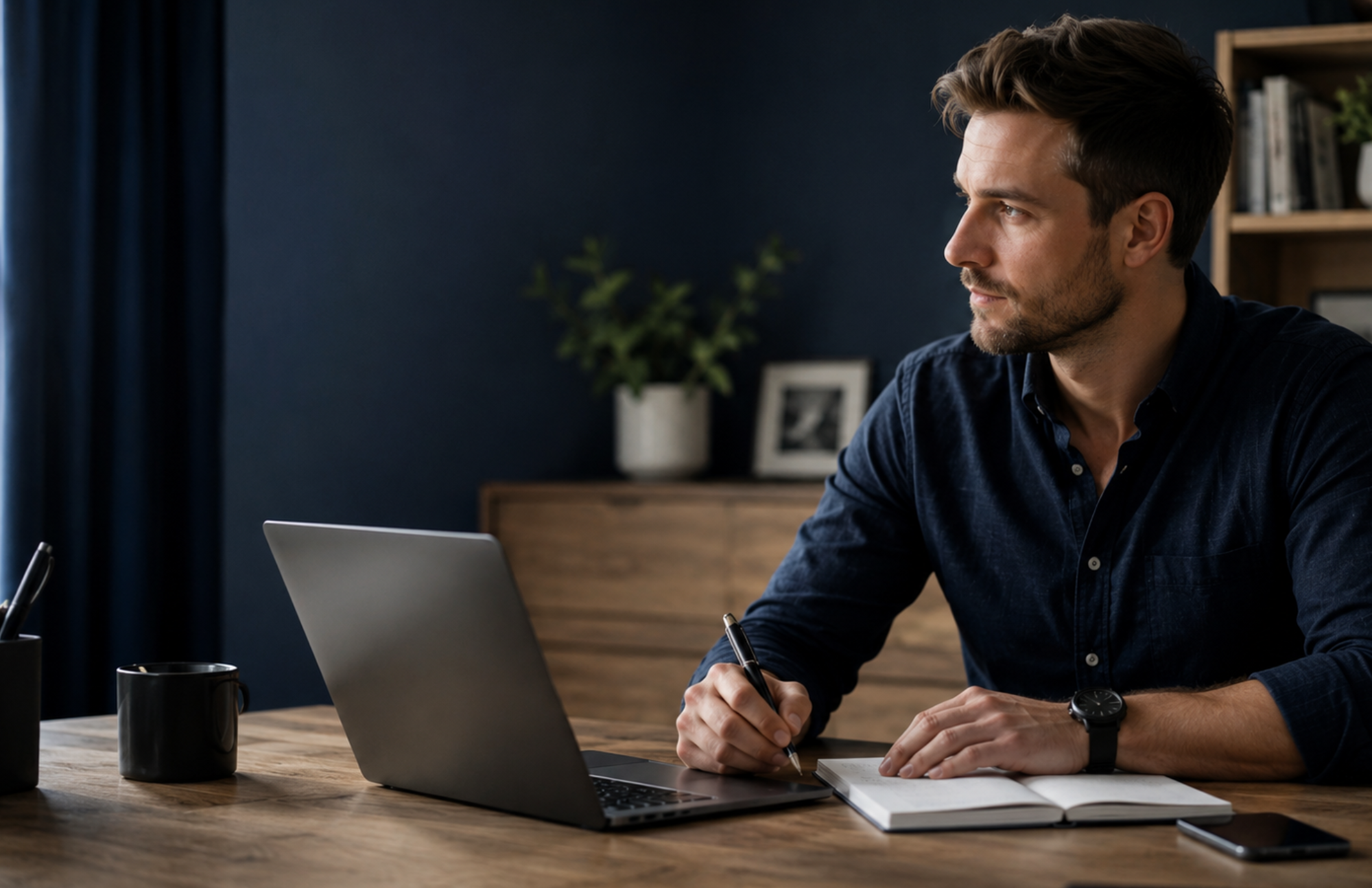 A new real estate agent reviewing business notes at a laptop